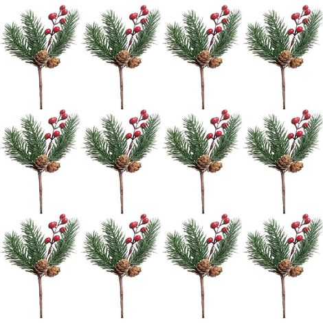 12 decorations of Christmas hedges in shape of baies red and of apple of pin, with branches of pin, for garland, crowns and other ornament (1/5)