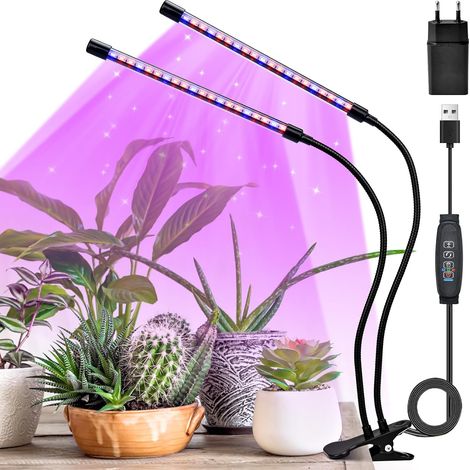 Lampe LED pour plantes avec 2 têtes, 40 LED à spectre complet, pour plantes d'intérieur, avec minuterie 3/9/12H, 3 modes d'éclairage, 10 niveaux de luminosité, lumière de croissance USB avec (1/5)
