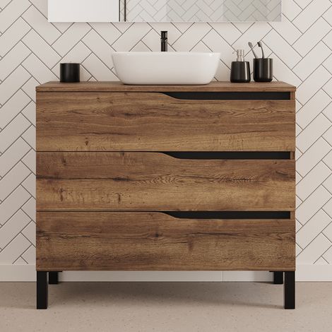 Meuble de salle de bain 100cm avec plateau et vasque à poser zeus - 3 tiroirs - sans miroir - tabaco (chêne foncé) - MATA (1/4)