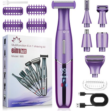 6 in 1 Women's Electric Shaver, Facial Hair Remover, Intimate Hair Trimmer, LCD Display, USB-C Rechargeable, Dry and Wet, for Body, Armpits, Bikini, Eyebrows Face (1/5)