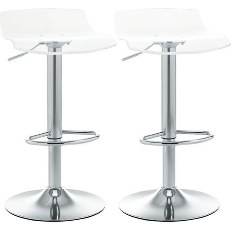 Set aus 2 modernen Barhockern mit Acryl-Sitzfläche und Metallgestell – 360° drehbar – höhenverstellbar mit Fußstütze – transparent