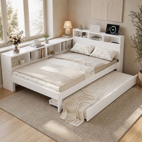 Bett 120x200 cm mit Ausziehbett 90x190 cm, seitlichem Stauraum und Ladestation OKMYHOME (1/5)