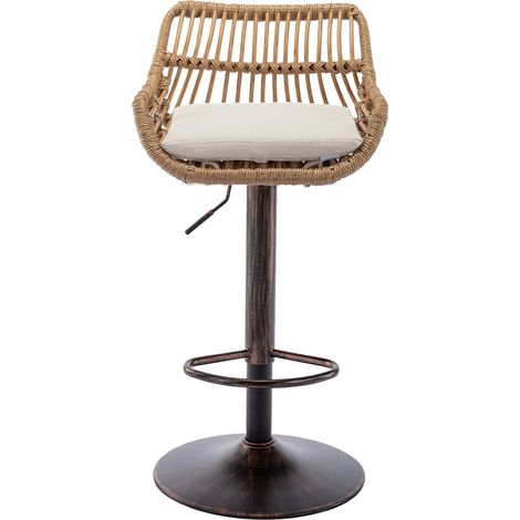 Liberté – Lot de 2 tabourets de bar modernes en rotin – Hauteur réglable – Repose-pieds et coussin en lin beige – Capacité 150 kg