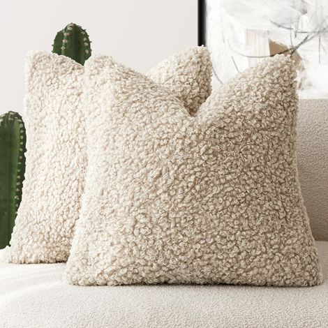 Lot de 2 Housses de Coussin décoratives en Fausse Fourrure de Mouton pour lit, canapé, Salon, 50,8 x 50,8 cm, Kaki Clair (1/5)