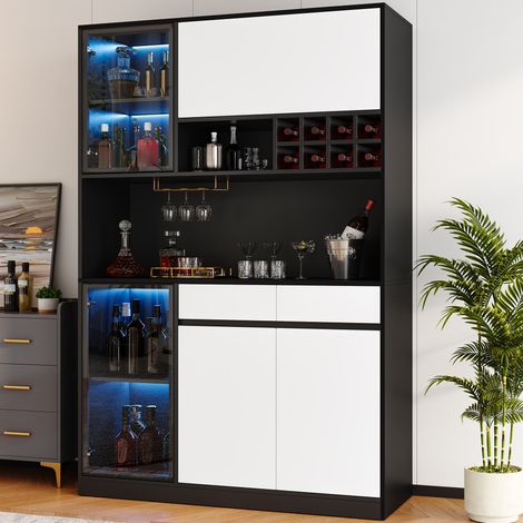 Buffet vitrine 120x35x180 cm en MDF noir et blanc, avec rangement pour salle à manger FloraGrace (1/5)