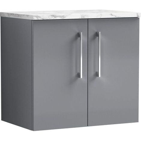 Balterley Bramshall 600mm Wall Hung 2 Door Vanity Unit with Laminate Worktop for Compact Modern Bathroom Storage Satin Grey