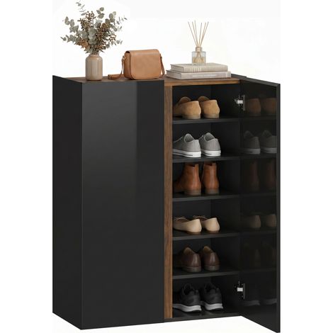 Meuble à chaussures avec ouverture silencieuse sécurisée, 6 niveaux, design sans poignées, noir brillant (1/5)