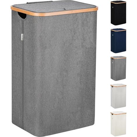 Cesto portabiancheria grigio con coperchio e maniglie XXL 100 L Lonbet grande cesto portabiancheria lavabo (1/5)