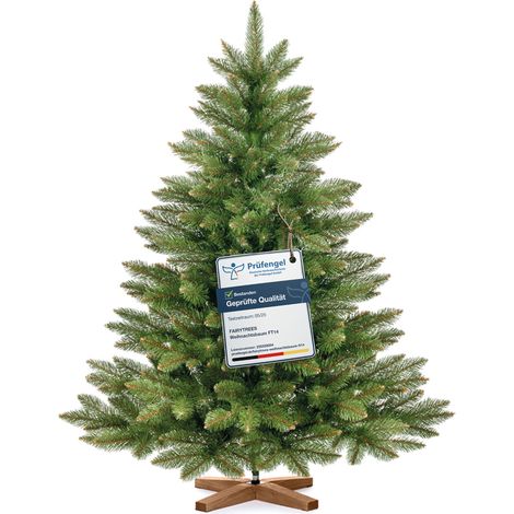 Sapin de Noël artificiel 120 cm Nordmann vert – Arbre fabriqué à la main en Europe – Pied en bois – Forme classique – Fairytrees (1/5)