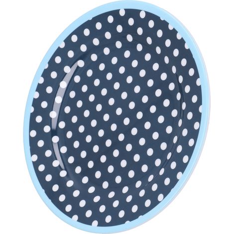 Assiette plate décorative réutilisable de 23 cm en imitation porcelaine, légère, pour gâteaux et fruits, à pois bleu foncé (1/5)