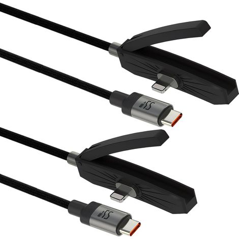 2er-Pack 3-in-1 Schnellladekabel mit unsichtbarem Ständer, 2 m USB-auf-Lightning- und USB-C-auf-Lightning-Kabel, 90°-Seitenstecker, integrierter Smartphone-Ständer für Handys, Tablets und Tablets (1/5)