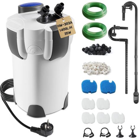 Filtro esterno per acquario da 1400 l/h e 35 W, pompa esterna regolabile con materiale filtrante, filtro silenzioso per laghetto con 3 stadi di filtrazione per acquari fino a 300 litri HW-303A