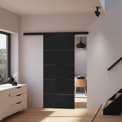 Schulte – Porte coulissante intérieure en verre 90 x 203 cm – Large bandes sablées anthracite – Poignée barre – Rail en aluminium inoxydable