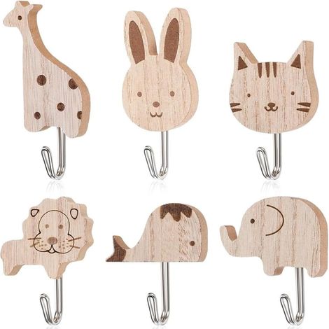 Lot de 6 patères autocollantes en bois, crochet autocollant, patere enfant, motif animaux mignons (motif éléphant, baleine, chat, lion, lapin, girafe), pour chambre, salle de bain, cuisine (1/5)