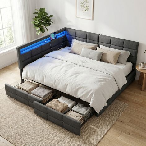 Lit 140x190 avec 2 tiroirs, lit adulte, lit double capitonné, Éclairage LED et Prises USB, tête de lit avec rangement et réversible, Tissu en lin, style scandinave, Gris