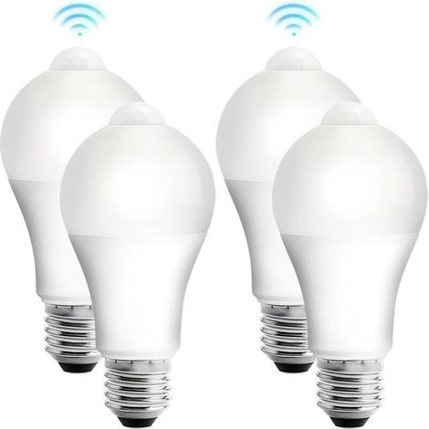 Pack of 4 E27 LED bulbs with PIR motion sensor, 12W, warm white 3000K, energy-saving light for hallways, garages, and staircases (1/5)
