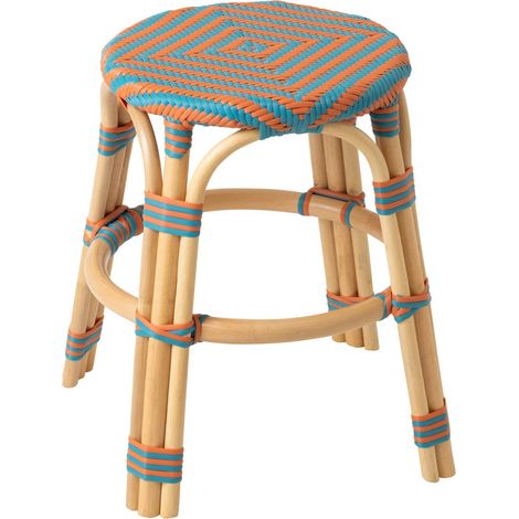 Tabouret en Rotin "Geo" 46cm Orange & Turquoise (1/5)