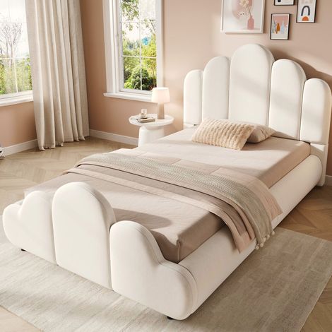 Cama infantil 90x200 cm beige de terciopelo con somier y bordes redondeados (1/5)