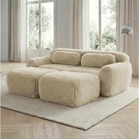 Divano modulare cloud 2 posti in tessuto peluche, con 2 pouf, beige chiaro (1/5)
