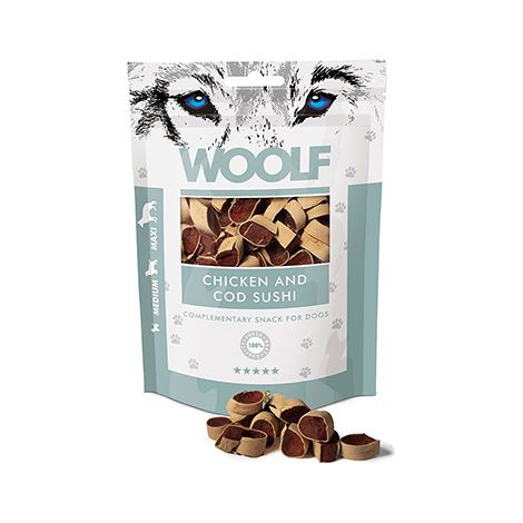 Biscotti naturali per cani Woolf al gusto di sushi, pollo e merluzzo, 100 g