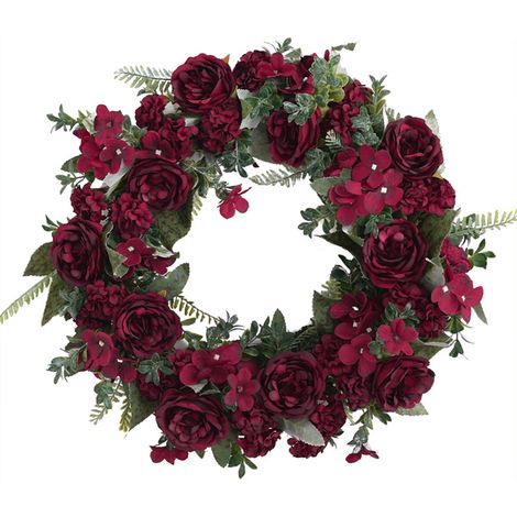 Guirnalda artificial de peonías rojas de estilo vintage, hecha de ratán y tela, de 40 cm de diámetro, para decorar la puerta en cualquier época del año. (1/5)
