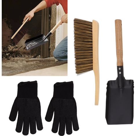 Kit de nettoyage de cheminée comprenant une pelle en fer, une brosse pour poêle à bois naturel, des gants en silicone noir, une pelle à cheminée et un ensemble de pelles à cendres pour cheminée. (1/5)