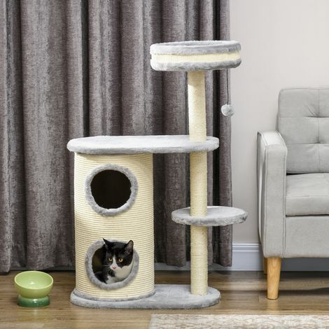 Kratzbaum für Katzen, Sisal-Seilpfosten, weicher Plüsch, mehrstufig, Ballspielzeug, Grau, 59x35x100 cm