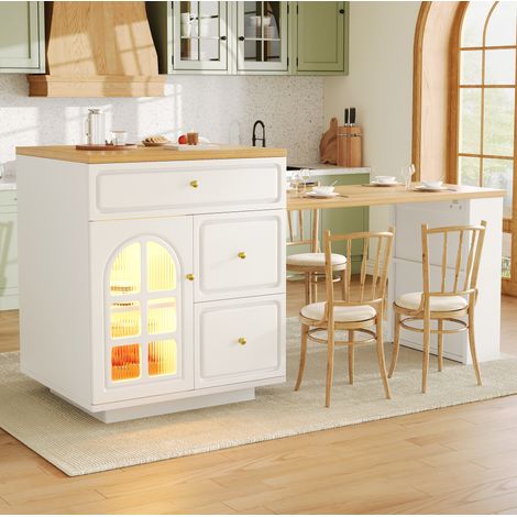 Meuble de cuisine îlot extensible 122,5-195,5 cm avec tiroirs et LED RGB, blanc OKMYHOME (1/5)