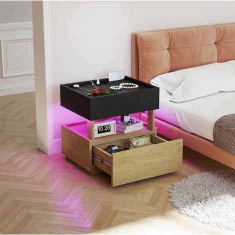 Comodino intelligente con ricarica wireless, porte USB e 2 cassetti, nero e legno naturale, OKWISH (1/5)