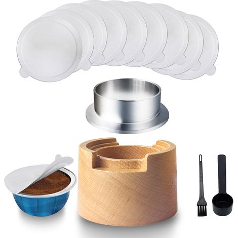 Kit remplissage capsules café 55 pièces support bois entonnoir inox, opercules aluminium pinceau cuillère pince compatible Vertuo (1/5)