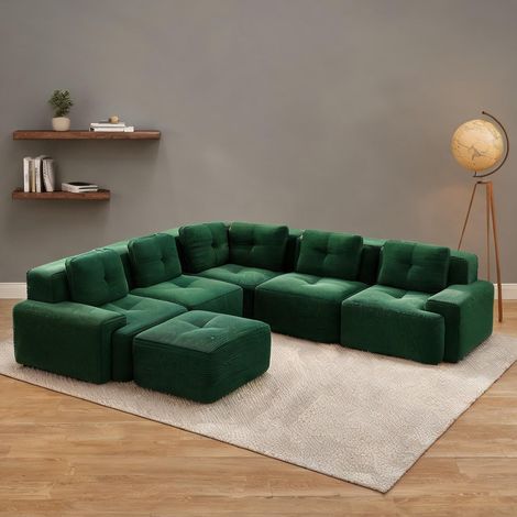 Canapé modulable en velours côtelé vert avec ottomane 295 x 295 (1/5)