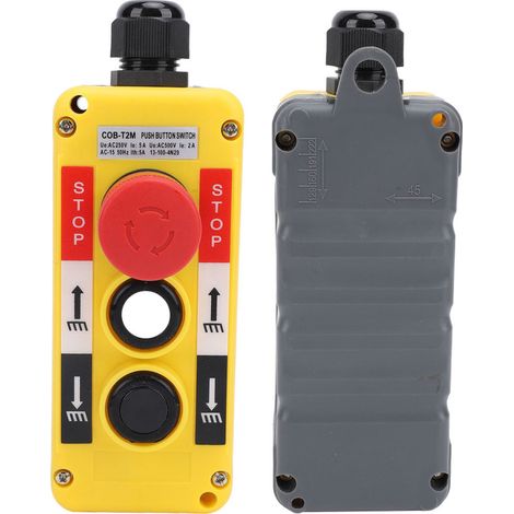Mando a distancia industrial de 2 botones para polipastos de grúa, resistente al agua con clasificación IP68, con parada de emergencia e interruptor de botón pulsador. (1/5)