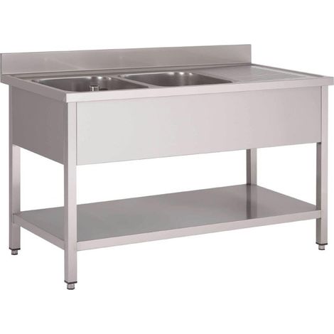 Plonge inox avec étagère basse 2 bacs à gauche - 1600 x 700 x 850 mm - Gastro M
