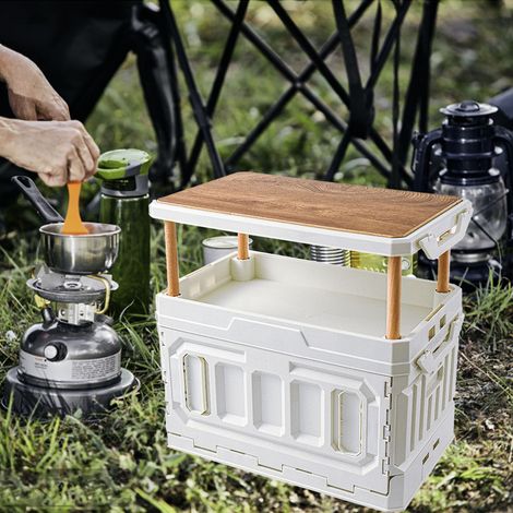 Stapelbare Campingkiste, großes Fassungsvermögen, dreilagige Aufbewahrungsbox aus Kunststoff mit Holzdeckel, 95 Liter, beige. (1/4)