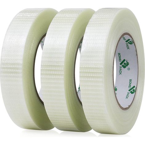 3 Pack Transparent Bi Directional Filament Adhesive Tape, Fibre Reinforced Packaging Tape Filament Reinforcement and Strapping Adhesive Heavy Duty Adhesive Tape, 25mm x 50m (1/5)