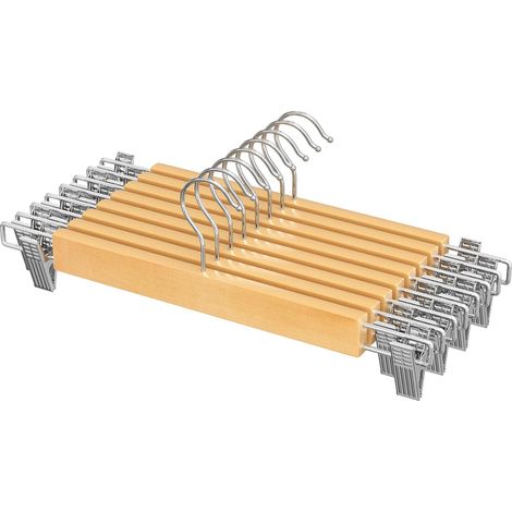 Lot de 8 Cintre pour Pantalons, Bois, Pinces réglables, Antiglisse, Pour Shorts et Jupes (1/5)