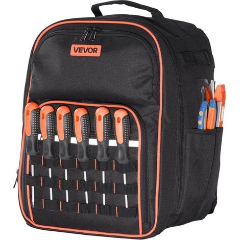 Sac à dos à outils noir et orange - 28 x 23 x 40,5 cm - 49 poches et boucles (1/5)