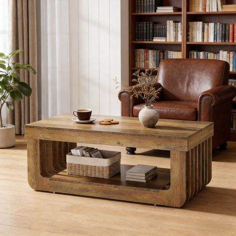 Couchtisch aus MDF Braun 120 x 60 x 45 cm mit 2 Ebenen und verstellbaren Füßen (1/5)