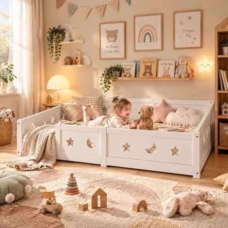 JOOKGBD-Letto bambino 140x200 cm evolutivo,Letto a terra Montessori in pino massello,Letto per bebè e adolescente con barriere,protezione anti-caduta,modello stelle e lune,Bianco