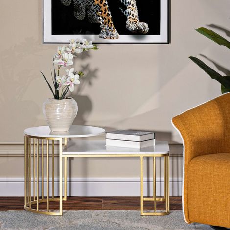 Wohnzimmertisch Fabara, rechteckig, Platte Weiß, Gestell Metall, 90x90x50h cm, Weiß Marmor (1/5)