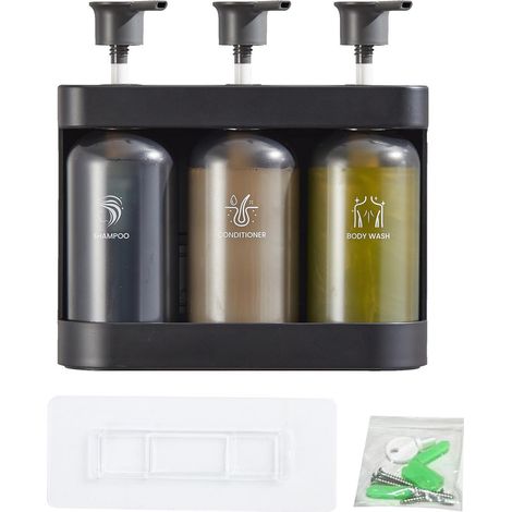 Dispenser a parete a 3 scomparti per sapone, shampoo, balsamo e bagnoschiuma, ideale per bagno e hotel, 380 ml per flacone, colore grigio scuro.