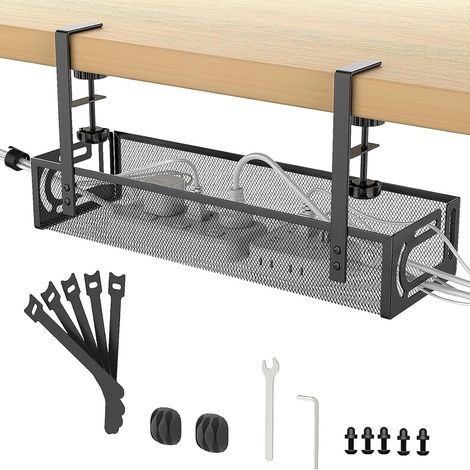 Bureau avec Chemin de Câbles, Bac À Câbles avec Ouverture Latérale et Support de Serrage,Gestion des Câbles sous Le Bureau, Rack de Gestion des Câbles,adapté au Bureau, À la Maison (Noir) (1/5)
