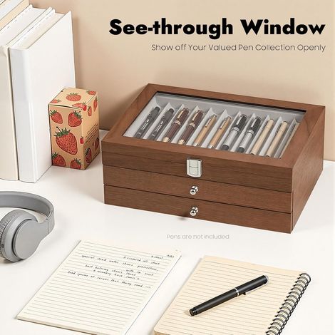 34 Slots Vintage Walnut Fountain Pen Display Case, Fountain Pen Cabinet Display, 3 Tier Wooden PenStorage Organizer with Glass Lid & Velvet Lining Pens Storage Organizer for Fountain Pens (1/5)