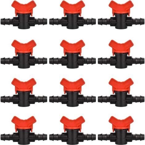 12PCS Garden Hose Tap, Hose Irrigation Valve 1616mm Plastic Shut Off Valve Fitting for Outdoor Garden Water Valve Control (Black+Red)
