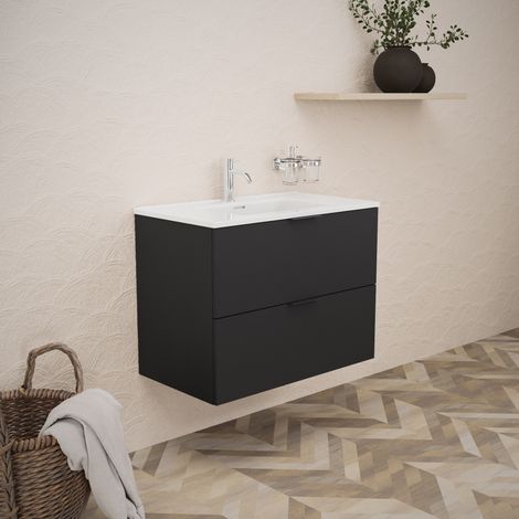Inda - Meuble de salle de bain L.80 avec vasque noir brillant/mat (1/5)