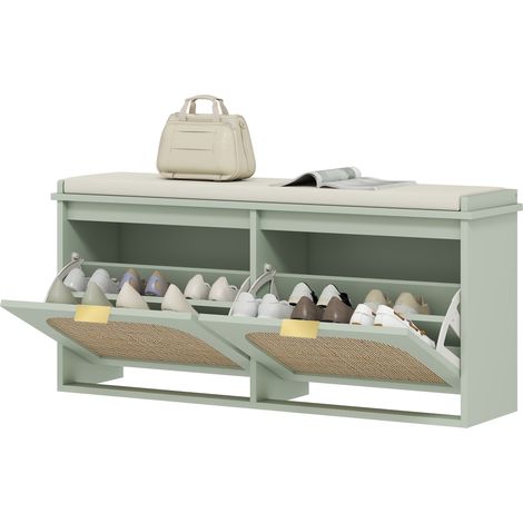 Boho Shoe Bench with Padded Seat 2 Flip-Drawers - Light Green (1/5)
