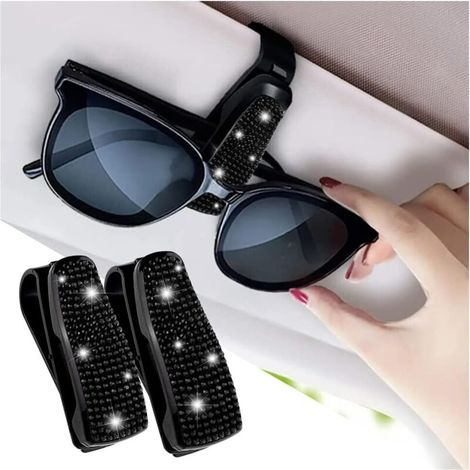 2PCS Shiny Rhinestone Car Glasses Holder with Anti-Scratch Sponge, Glasses Holder Car Interior Accessory for Women/Kids, Universal Car Interior Decoration Gadgets (Black) (1/5)