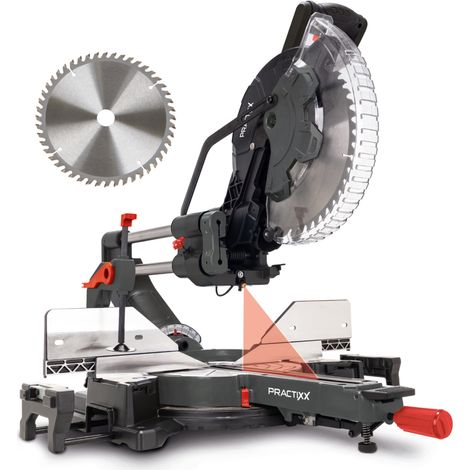 Practixx Scie à onglet PX-KZS-305PA – 2000 W – Lame de 305 mm 48 dents – Démarrage progressif – Plateau tournant – Tête de scie inclinable – Hauteur/longueur de coupe 180/340 mm – Laser