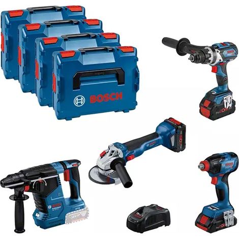Bosch – Pack de 4 outils électroportatifs 18V – Perceuse-visseuse GSR, boulonneuse GDX, meuleuse GWS, perforateur GBH – 2 batteries 5.5Ah – 615990N32