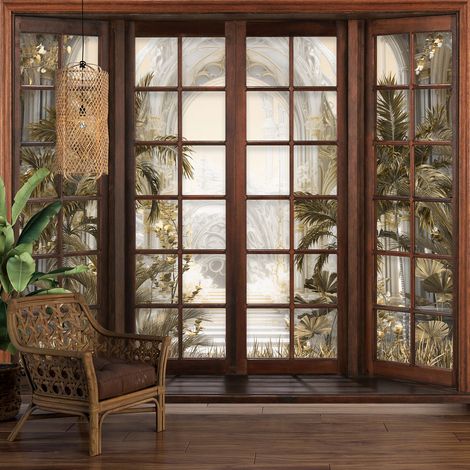 Papier peint panoramique Trompe l'oeil Fenêtre en bois - Plantes Couloir - 130 cm x 104 cm (1/5)
